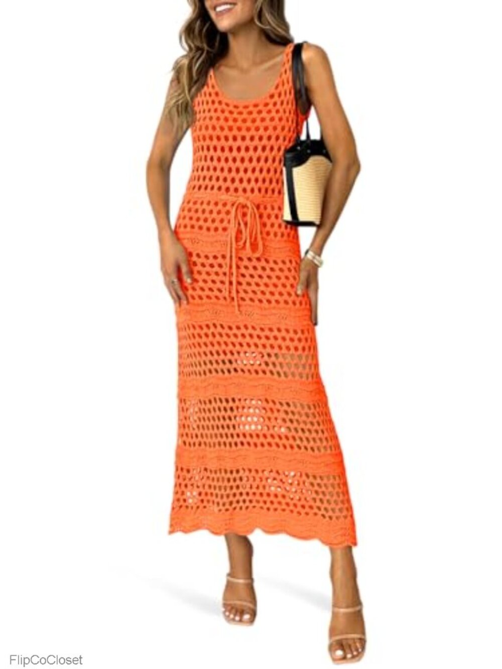 Crochet Beach Cover Up Dress Sleeveless Scoop Neck Drawstring Midi Summer